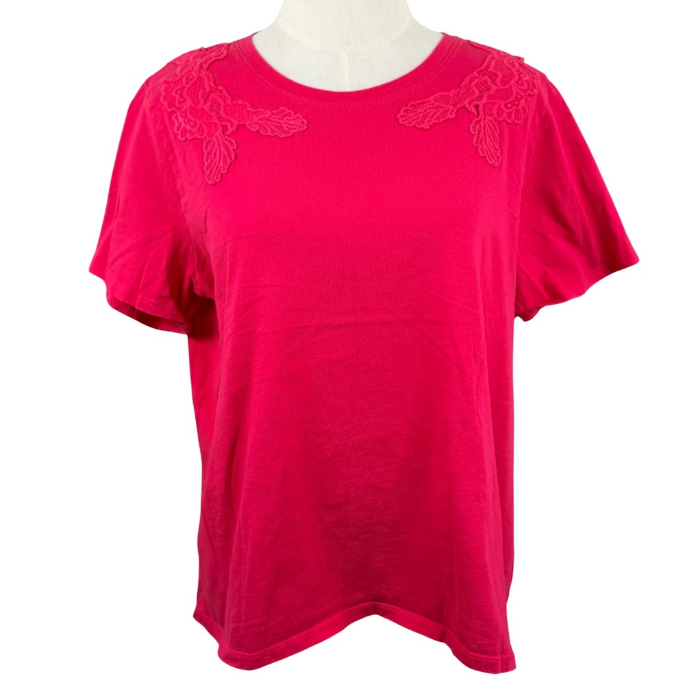 Liz Claiborne XL T-Shirt Pink Crochet Shoulder Applique Lace Yoke Art to Wear